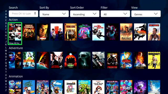 Screenshot of Jellyfin for Roku displaying a grid of movies divided by genres (Action, Adventure, and Animation) with 11 items per row.