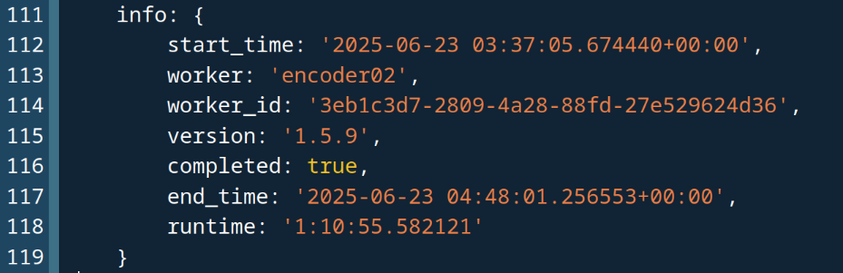 One of the resulting encode logs showing the video processing information.  The total amount of time for this specific episode was 1:10:55.