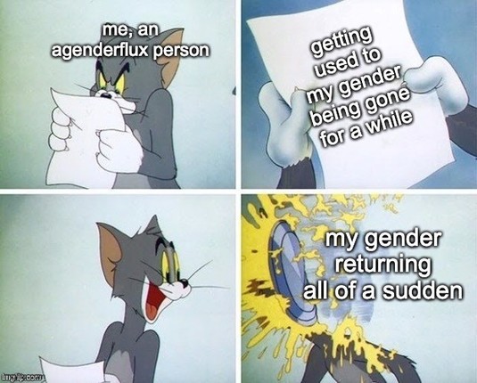 Animated meme depicting an agenderflux person experiencing their gender returning unexpectedly.