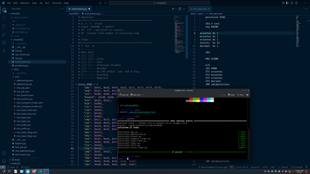 A screenshot of the mos6502 codebase in VSC along with the `pytest` results.