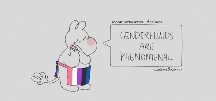 Cartoon character with pink cheeks and a genderfluid flag skirt smiles with eyes closed. Speech bubble: "Genderfluids are phenomenal." Cheerful tone.
