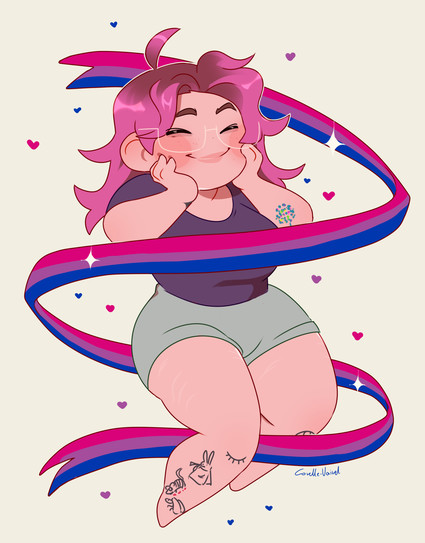 A joyful person with pink hair and tattoos floats surrounded by a waving bisexual pride ribbon. Small hearts accentuate the playful, positive tone.