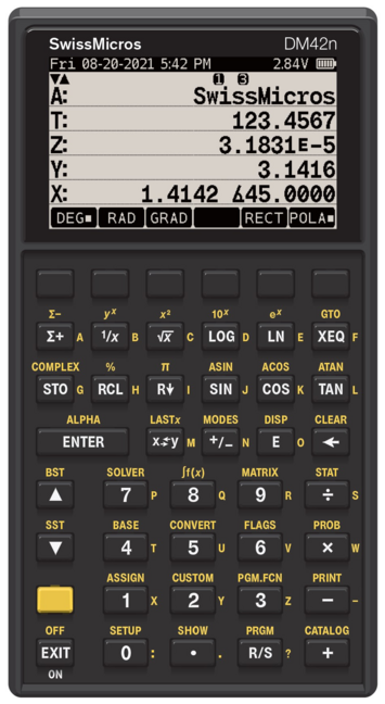 The Swiss Micro DM42n RPN calculator in all of its glory, a clone of the HP42.