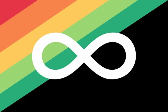 A white infinity symbol is centered on a black background. Diagonal stripes in red, orange, yellow, green, and aqua run through the top left of the image.