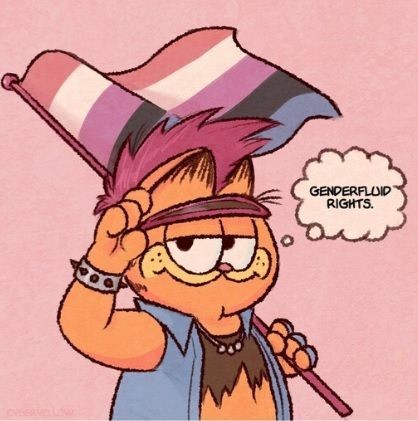 Garfield holds a genderfluid pride flag, wearing a spiked wristband and headband. A speech bubble says "Genderfluid rights." The tone is supportive.