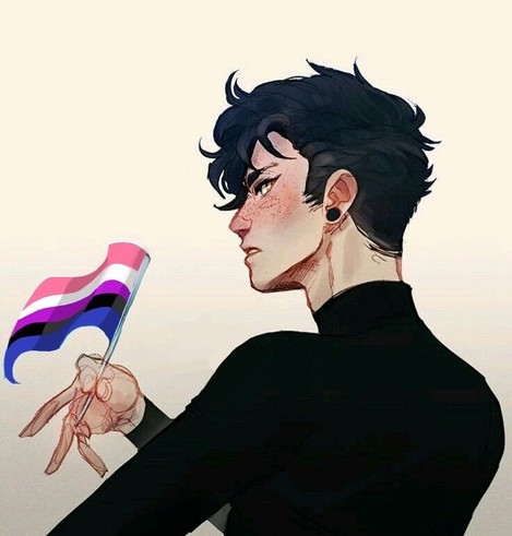 Illustration of a person with short black hair and freckles, wearing a black turtleneck. They hold a colorful pride flag, conveying a sense of pride and contemplation.