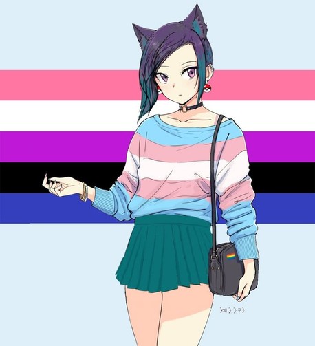 GenderFluid character with cat ears, wearing pink and blue sweater, teal skirt, and carrying bag with rainbow badge, stands in front of genderqueer flag.