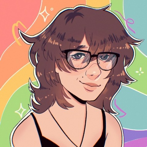 Illustrated portrait of a person with wavy brown hair, wearing glasses and a black top. They smile gently against a vibrant rainbow background.