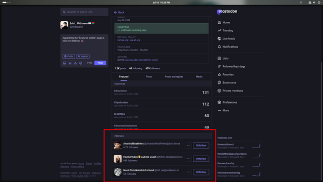 Screenshot of a dark-themed Mastodon interface showing a user's profile. The left side displays a post, and on the right are navigation options including Home, Trending, and Notifications. Below is a featured profiles section with three users, each having an "Unfollow" button. The design is modern and clean.