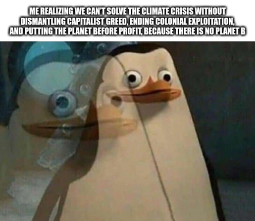 Cartoon penguin with overlay effect looks surprised. Text above reads about addressing climate crisis by prioritizing planet over profit. Urgent tone.