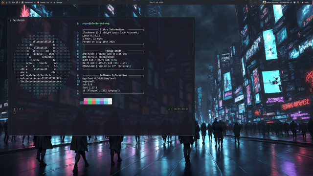 Scrot of a terminal window in Hyprland, running on top of Slackware Current, with nwg-shell.