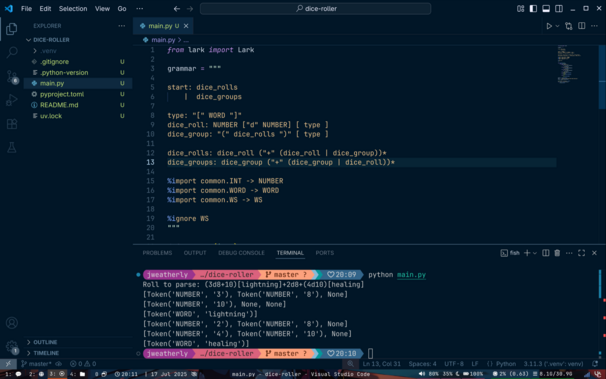The initial parser rules for processing dice written in Python using Lark as the parser.