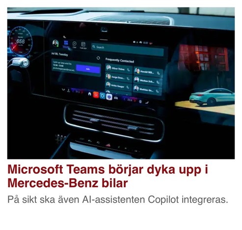 En bild från pc för all berättar att teamsklienten och co-pilot ska lanseras i mercedes benz bilar
