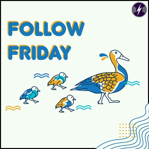 Colorful illustration of a duck and its ducklings, with the text "FOLLOW FRIDAY".