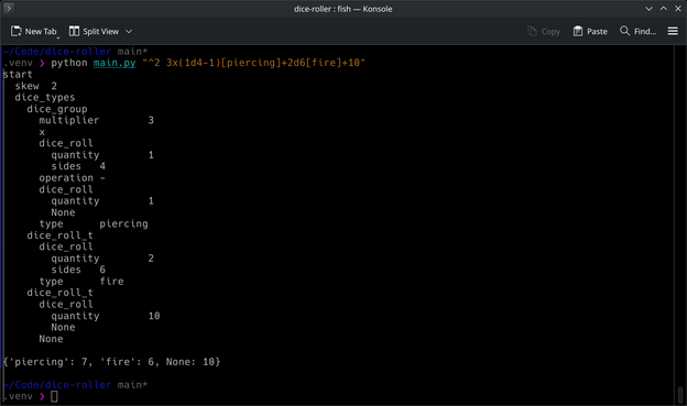 The output of the parser tree showing how the program handles the dice syntax.  After that is the result of the roll.