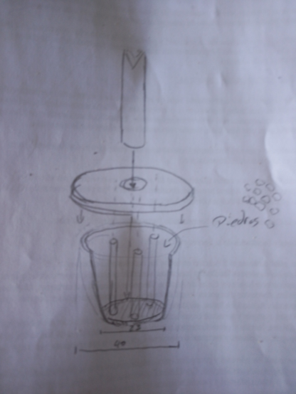 Se ve un dibujo esquemático de maderas y piedras dentro de una maceta