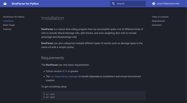 A screenshot of the front page of the DiceParser documentation written using mkdocs.