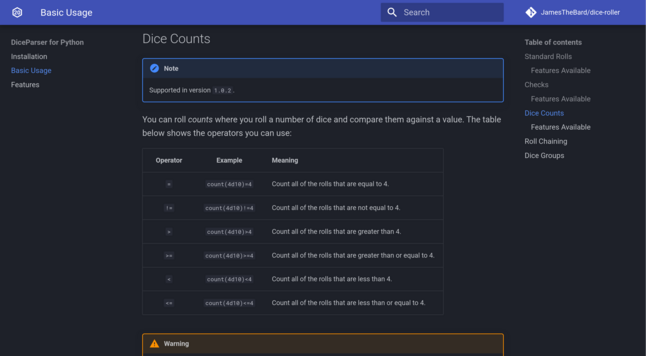 A picture of the new documentation showing dice count options for comparisons.