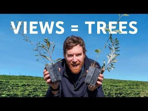 Thumbnail image for a video refferenced in a post with title "vievs = trees". Bearded man in a center of the image holds 4 small pots with baby trees. Green plane with a clear blue sky in the background.