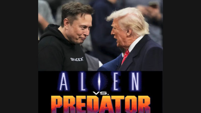Elon Musk and Donald Trump facing each other, with the text "ALIEN vs. PREDATOR" displayed below them in stylized font.