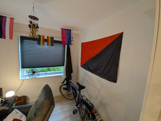 A cozy room with a bicycle and desk. Various flags and a wind chime hang from the ceiling. A large red and black flag decorates the wall.