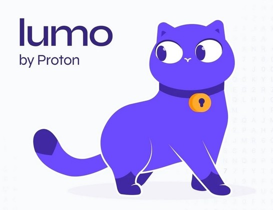 A purple cat wearing a tiny golden lock as a necklace. Next to it some text: Lumo by Proton. 