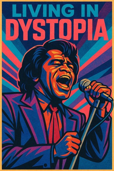 An illustrated poster features James Brown passionately performing with a microphone, surrounded by red, blue and purple hues. The text "LIVING IN DYSTOPIA" is prominently displayed above.