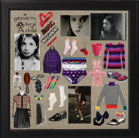 Collage featuring black-and-white photos of a young girl, colorful clothing items, shoes, and accessories. Text reads "genie the feral child." Bold, nostalgic tone.