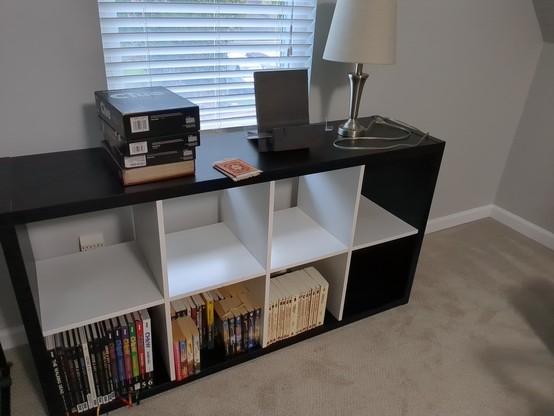 Empty black and white bookshelf. 
