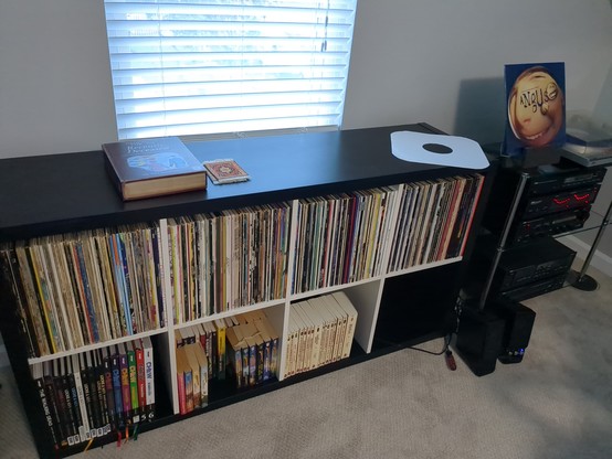 Book shelf filled vinyl records.