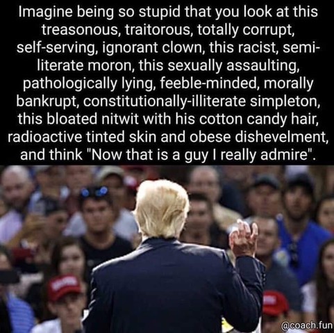 A person with light hair is speaking to a crowd with their hand raised. The image contains large text criticizing this person with harsh descriptors.