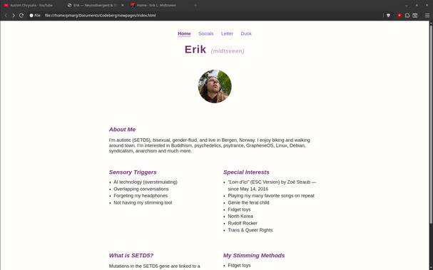 Screenshot of a white HTML website, displaying an autistics personal webpage!
