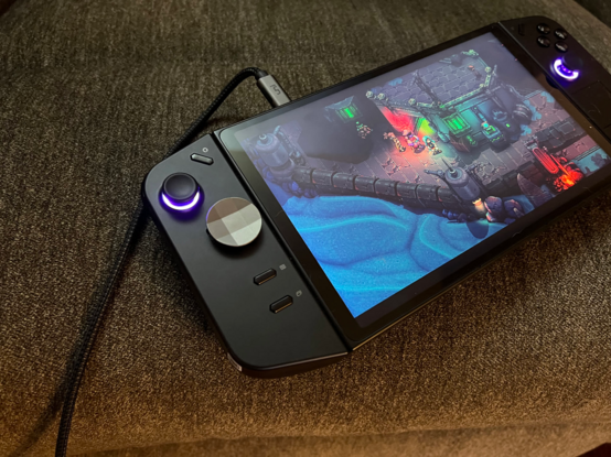 The Legion Pro with the metal XBox D-pad dish thing installed on top of the 3D printed D-pad on a Legion Go while playing Sea of Stars.