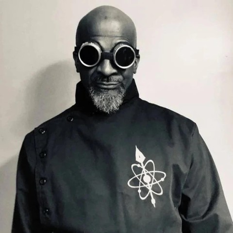 drexciya drip (goggles and atom design on button up science suit)