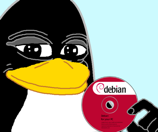Penguin with a smug expression holds a red Debian CD against a light blue background. The image conveys confidence and humor.
