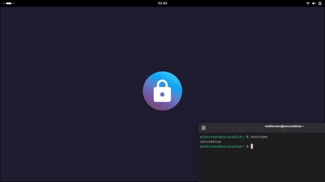 Screenshot of the GNOME desktop running Secureblue. In the bottom right, the GNOME Terminal is open and displays the output of the hostname command.