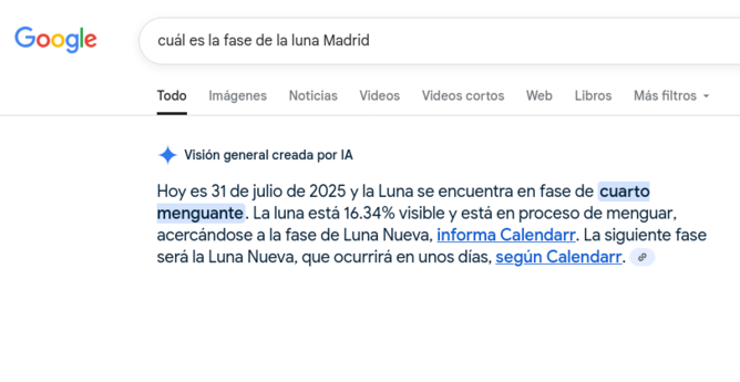 Se ve la pantalla de búsqueda de Google con la pregunta "cuál es la fase de la luna Madrid" y la respuesta "Hoy es 31 de julio de 2025 y la Luna se encuentra en fase de cuarto menguante. La luna está 16.34% visible y está en proceso de menguar, acercándose a la fase de Luna Nueva, informa Calendarr. La siguiente fase será la Luna Nueva, que ocurrirá en unos días, según Calendarr"