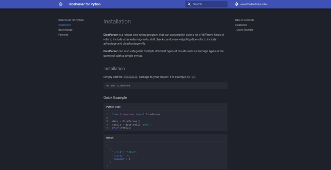 A screenshot of the DiceParse documentation hosted in my homelab.