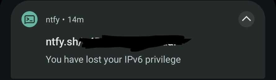 An ntfy.sh notification that says: "You have lost your IPv6 privilege"