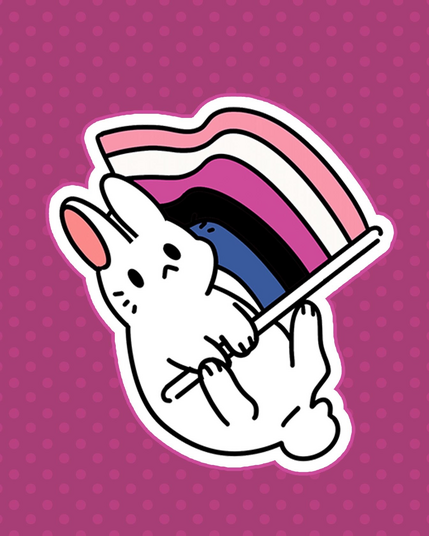 Cute cartoon bunny holding a genderfluid pride flag on a purple polka dot background. The image conveys a playful and supportive tone.