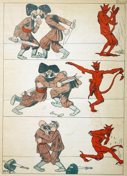satan is overjoyed by the muslim and armenian men's fighting till they start, uh, embracing, and then satan starts crying