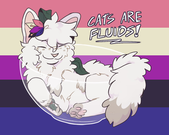 Fluffy cartoon cat snugly fits in a glass bowl against a pink, yellow, white, and purple striped background. Text reads "Cats are fluids!"