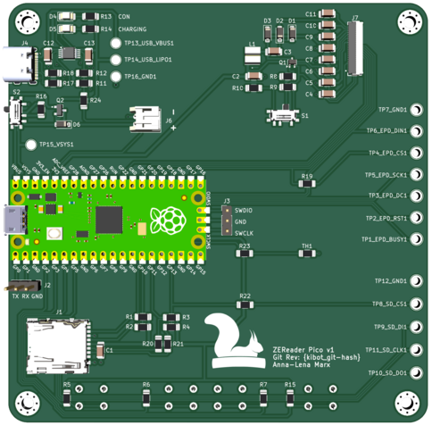 A rendering of the. ZEReader PCB with a Raspberry Pi Pico 2 as a main component.