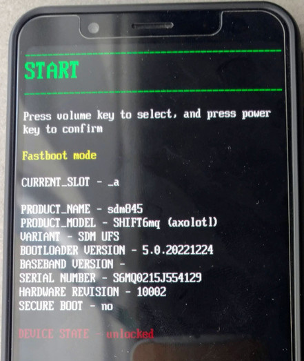 shift6mq phone with fastboot mode boot screen