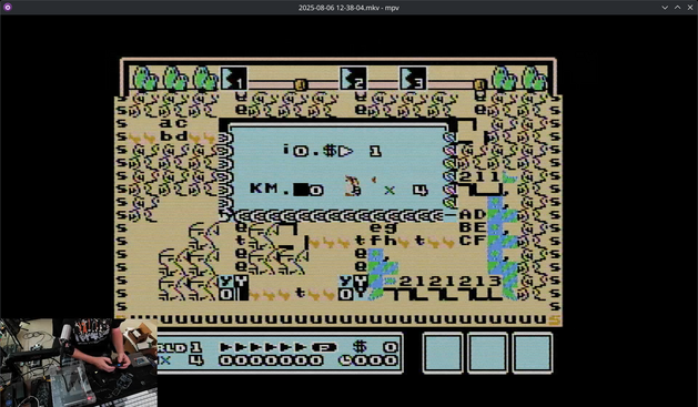 A screenshot of Super Mario Brothers 3 level map being very, very corrupted.