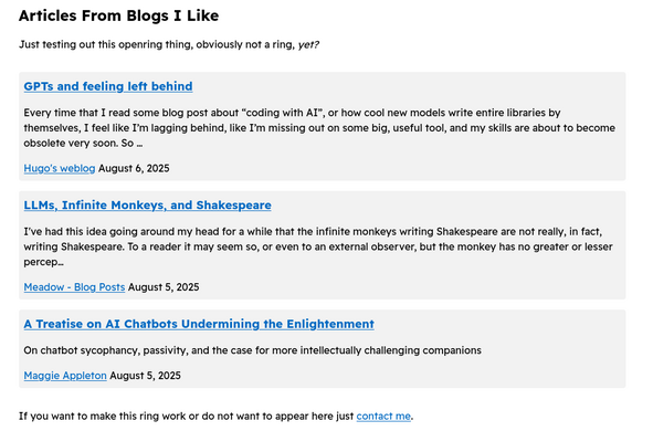 A screenshot of the last three articles of a RSS feed all coincidentally talking about how AI impacts life.