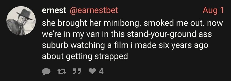 she brought her minibong. smoked me out. now we're in my van in this stand-your-ground ass suburb watching a film i made six years ago about getting strapped