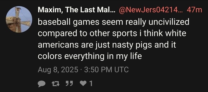 @NewJers04214917: baseball games seem really uncivilized compared to other sports i think white americans are just nasty pigs and it colors everything in my life