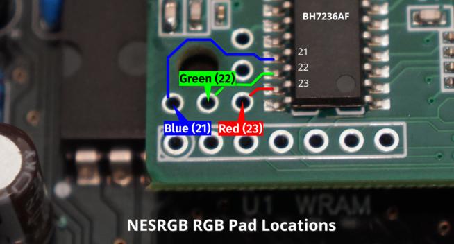 A picture of the bottom of the BH7236AF video IC and the breakout pads beside it on the NESRGB.  The picture shows annotations on where each component color is pulled off the IC and the corresponding pad.