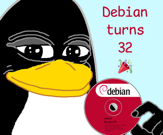 Cartoon penguin holding a Debian CD with a smile, next to red text saying "Debian turns 32" and a party popper emoji, conveying celebration.